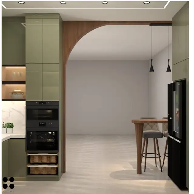 A sleek, modern kitchen design with olive green cabinets, a white marble countertop, and integrated lighting showcasing a minimalist aesthetic. C