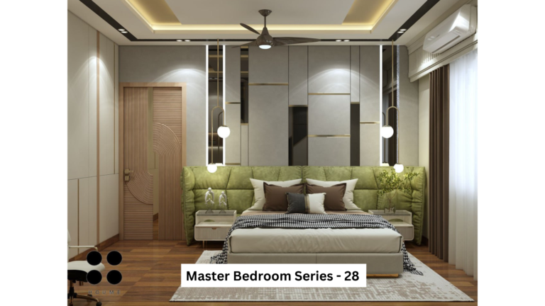 A modern master bedroom design with a gray textured accent wall, pendant lights, and a green upholstered headboard.