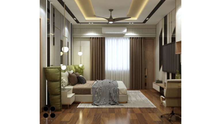 A modern master bedroom design with a gray textured accent wall, pendant lights, and a green upholstered headboard. B