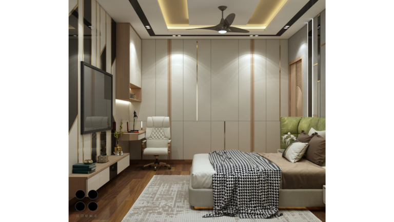A modern master bedroom design with a gray textured accent wall, pendant lights, and a green upholstered headboard. C