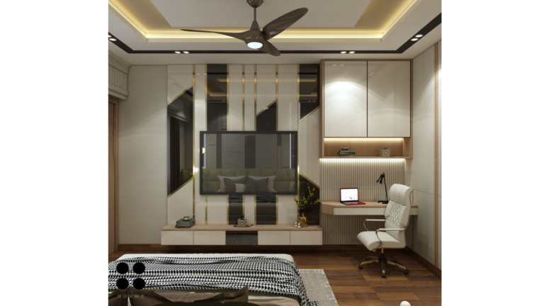 A modern master bedroom design with a gray textured accent wall, pendant lights, and a green upholstered headboard. D