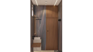 A modern washroom design with a rustic touch, featuring a wooden accent wall, floating vanity, rectangular mirror, and a toilet. C