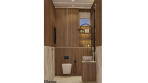 A modern washroom design with a luxurious feel, featuring a wood-paneled wall, marble accents, a unique oval mirror, floating vanity, and a rainfall showerhead. B