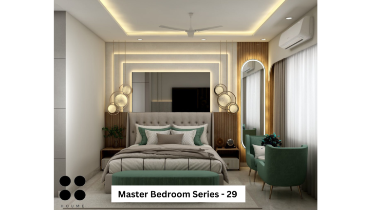 A modern master bedroom design with a white and wood paneled accent wall, pendant lights, and a green velvet headboard.