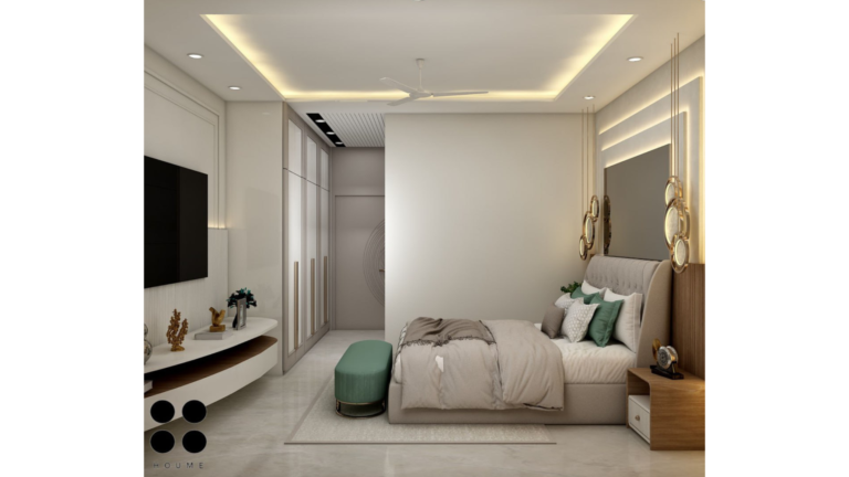A modern master bedroom design with a white and wood paneled accent wall, pendant lights, and a green velvet headboard. B