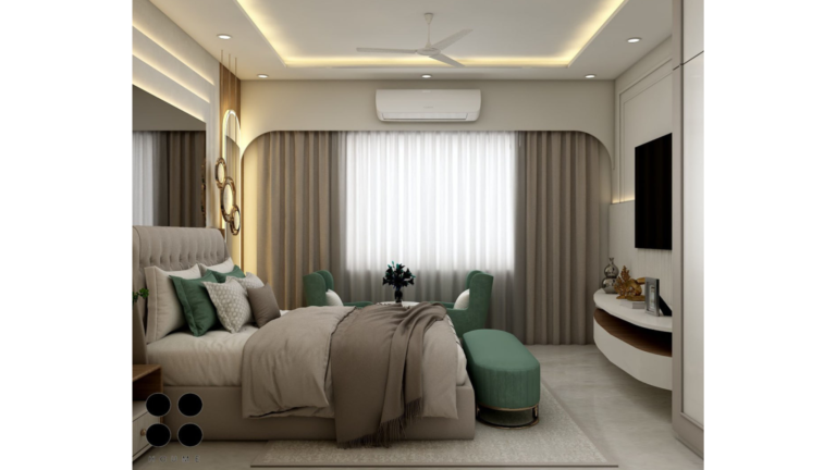 A modern master bedroom design with a white and wood paneled accent wall, pendant lights, and a green velvet headboard. C