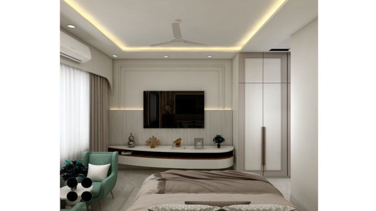 A modern master bedroom design with a white and wood paneled accent wall, pendant lights, and a green velvet headboard. D
