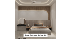 A modern guest bedroom with a minimalist design, featuring a neutral color palette, a floating vanity with a backlit mirror, and a comfortable bed.