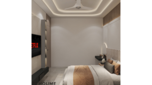 A modern guest bedroom with a minimalist design, featuring a neutral color palette, a floating vanity with a backlit mirror, and a comfortable bed. C