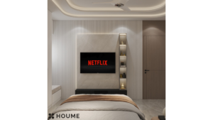 A modern guest bedroom with a minimalist design, featuring a neutral color palette, a floating vanity with a backlit mirror, and a comfortable bed. D