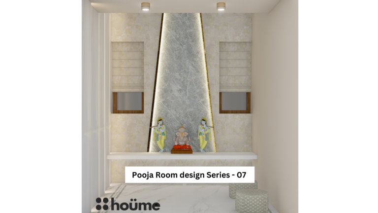 A modern minimalist pooja room with a textured marble wall, recessed lighting, idols of deities, and floor cushions.