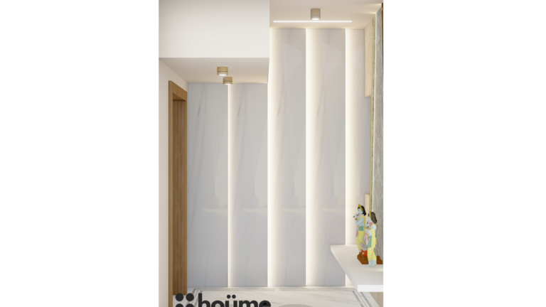 A modern minimalist pooja room with a textured marble wall, recessed lighting, idols of deities, and floor cushions. C