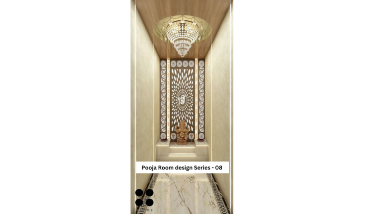 Modern minimalist Pooja room design with intricate latticework and warm lighting.