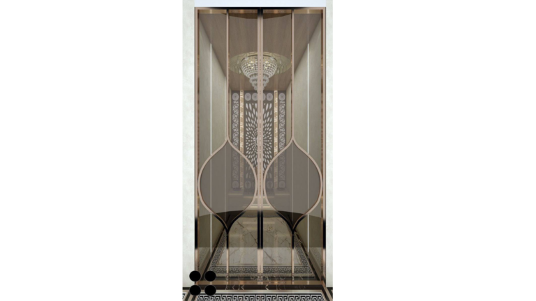 Modern minimalist Pooja room design with intricate latticework and warm lighting. B