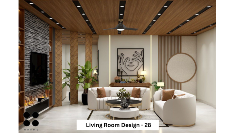 A modern living room design with a white sofa, wood-paneled ceiling, and a stone accent wall.