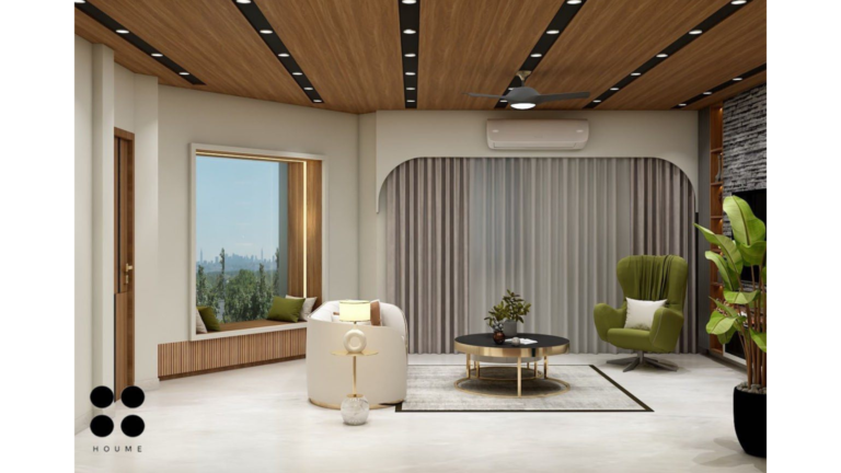 A modern living room design with a white sofa, wood-paneled ceiling, and a stone accent wall. B