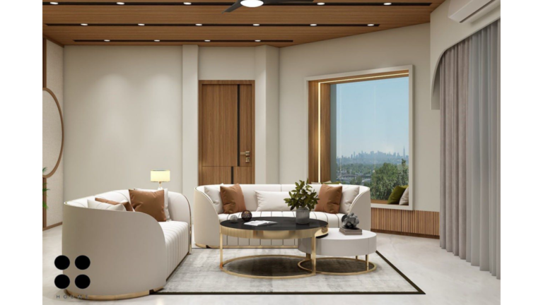 A modern living room design with a white sofa, wood-paneled ceiling, and a stone accent wall. C