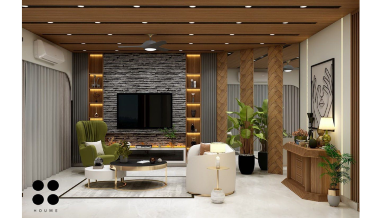 A modern living room design with a white sofa, wood-paneled ceiling, and a stone accent wall. D