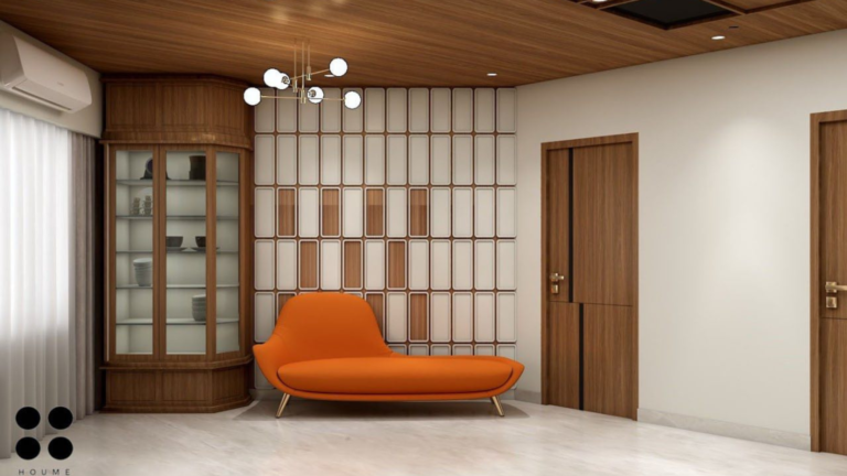 A modern living room design with a white sofa, wood-paneled ceiling, and a stone accent wall. E
