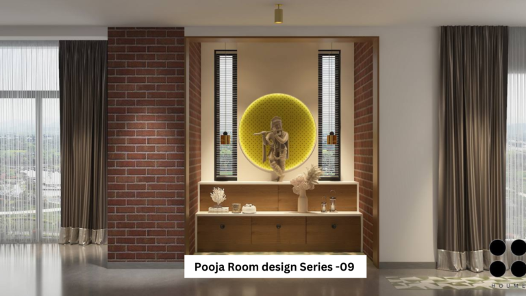 Our latest Pooja room design (Design 09) beautifully merges traditional elements with a modern aesthetic. The exposed brick wall adds warmth and texture, while the circular backlit alcove creates a serene focal point for the Lord Krishna idol.