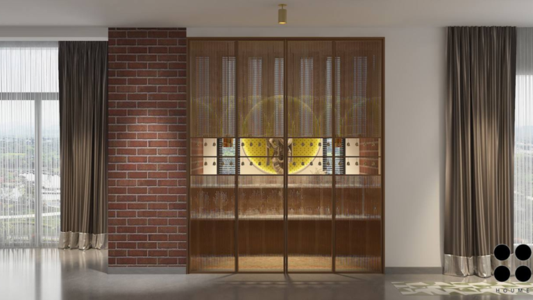 A modern Pooja room design with a brick-textured wall, a circular backlit alcove showcasing a Lord Krishna idol, and wooden cabinetry. B