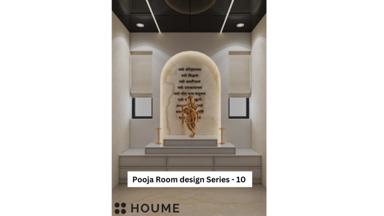 A modern minimalist pooja room design with white marble, warm lighting, and a golden statue of a deity in a niche.