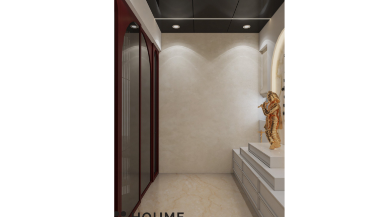 A modern minimalist pooja room design with white marble, warm lighting, and a golden statue of a deity in a niche. B