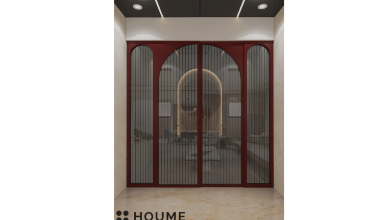 A modern minimalist pooja room design with white marble, warm lighting, and a golden statue of a deity in a niche. C
