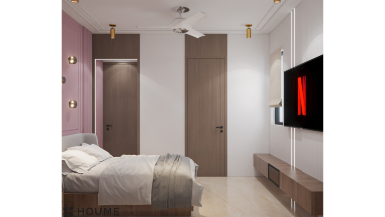 Modern Indian bedroom design with floral wardrobe, pink accent wall, and recessed lighting. C