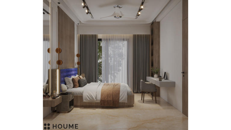 A modern bedroom with a large bed, nightstands on either side, and a dresser at the foot of the bed. The bed is made with white linens and has a fluffy comforter. There is a large window in the room with a view of the city skyline. B