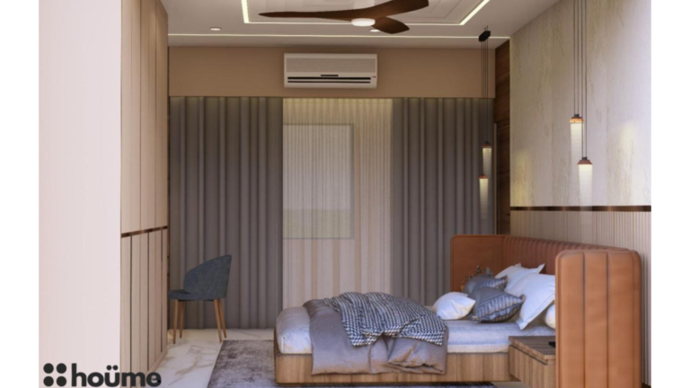 A modern master bedroom design with a leather headboard, pendant lights, and warm wood tones.B