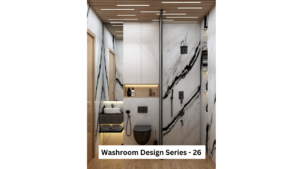A modern washroom design with marble walls, a floating vanity, and recessed lighting.