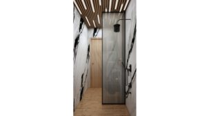 A modern washroom design with marble walls, a floating vanity, and recessed lighting. C
