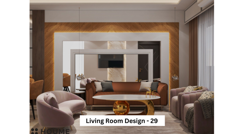 A modern living room design with a brown leather sofa, accent chairs, and a unique coffee table.
