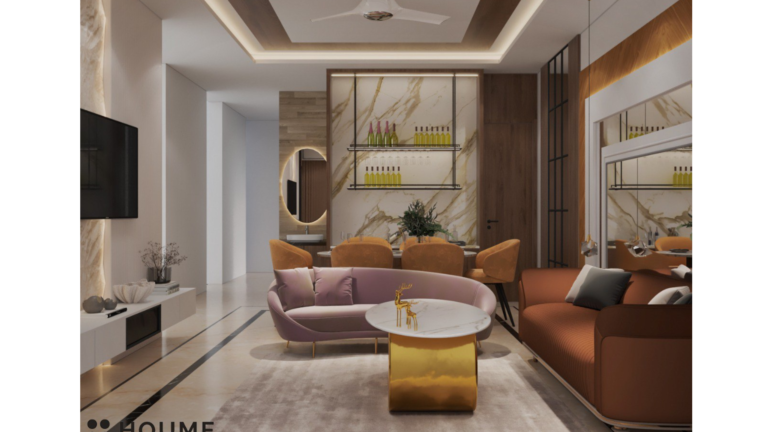 A modern living room design with a brown leather sofa, accent chairs, and a unique coffee table. C