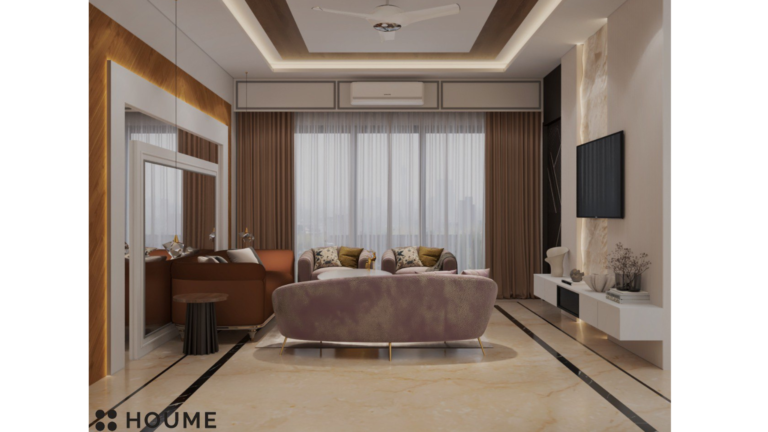 A modern living room design with a brown leather sofa, accent chairs, and a unique coffee table. D