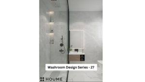 A modern washroom design with gray marble walls, a floating wood vanity with a black countertop, recessed shelves with integrated lighting, and a frameless glass shower enclosure. A