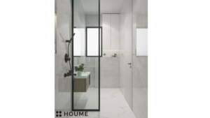 A modern washroom design with gray marble walls, a floating wood vanity with a black countertop, recessed shelves with integrated lighting, and a frameless glass shower enclosure. B