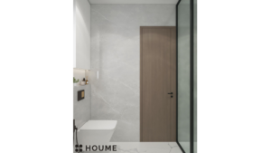A modern washroom design with gray marble walls, a floating wood vanity with a black countertop, recessed shelves with integrated lighting, and a frameless glass shower enclosure. D