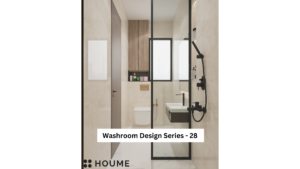 A modern washroom design with neutral toned tiles, a black framed glass shower enclosure, a floating black vanity, and recessed shelving. A