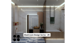 A modern washroom design featuring a large, rectangular mirror with integrated lighting, a freestanding bathtub, a vessel sink with a gold faucet, geometric patterned floor tiles, and a textured accent wall. A