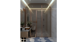 A modern washroom design featuring a large, rectangular mirror with integrated lighting, a freestanding bathtub, a vessel sink with a gold faucet, geometric patterned floor tiles, and a textured accent wall. B