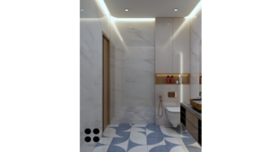 A modern washroom design featuring a large, rectangular mirror with integrated lighting, a freestanding bathtub, a vessel sink with a gold faucet, geometric patterned floor tiles, and a textured accent wall. C