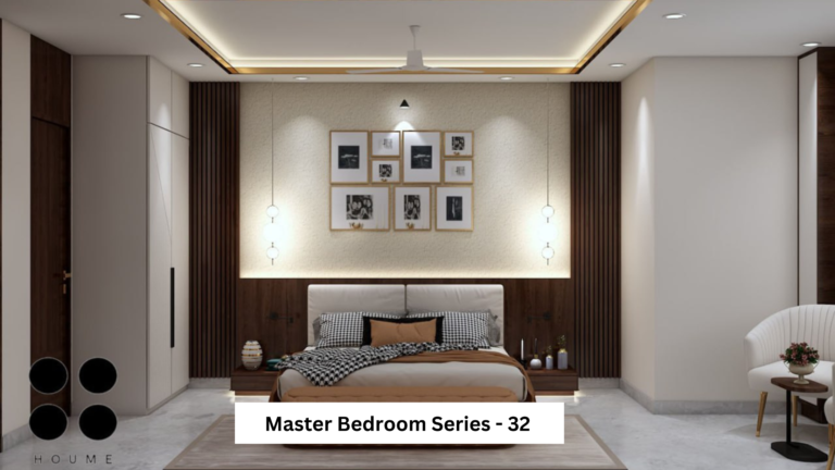 A photorealistic rendering of a modern master bedroom interior by Houme India, featuring a warm color palette, wooden accents, and a gallery wall. A