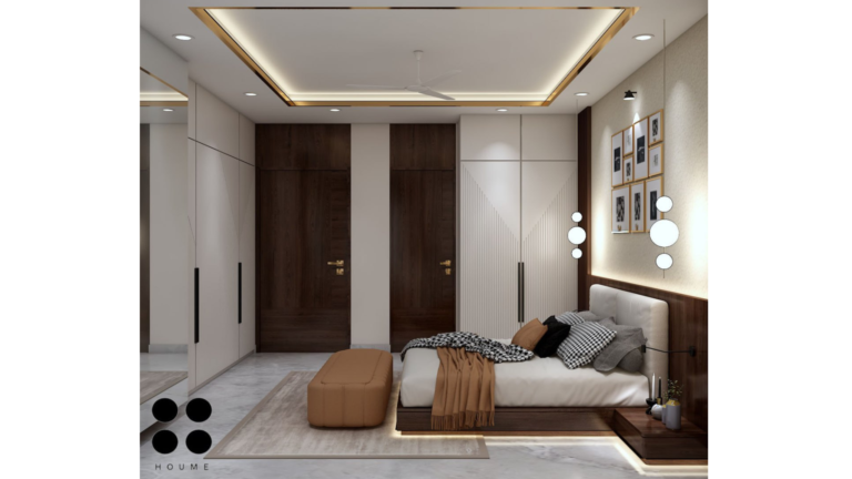 A photorealistic rendering of a modern master bedroom interior by Houme India, featuring a warm color palette, wooden accents, and a gallery wall. B
