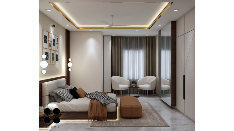 A photorealistic rendering of a modern master bedroom interior by Houme India, featuring a warm color palette, wooden accents, and a gallery wall. C
