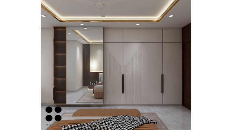 A photorealistic rendering of a modern master bedroom interior by Houme India, featuring a warm color palette, wooden accents, and a gallery wall. D