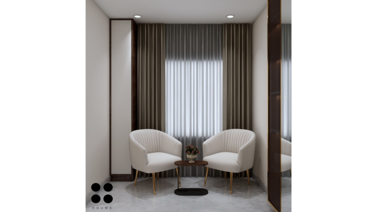 A photorealistic rendering of a modern master bedroom interior by Houme India, featuring a warm color palette, wooden accents, and a gallery wall. E