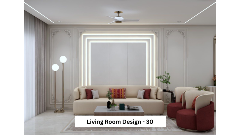 A modern Indian living room with a beige sofa, red accent chairs, a geometric rug, and a decorative wall panel. A