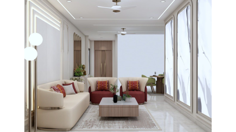 A modern Indian living room with a beige sofa, red accent chairs, a geometric rug, and a decorative wall panel. B
